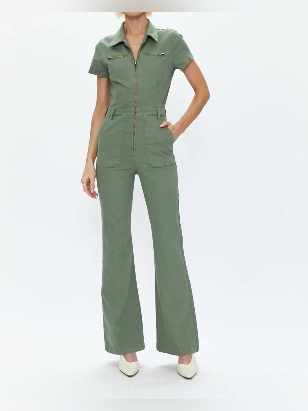 Pistola Martina Short Sleeve Flare Jumpsuit in Colonel (Green), Size XS